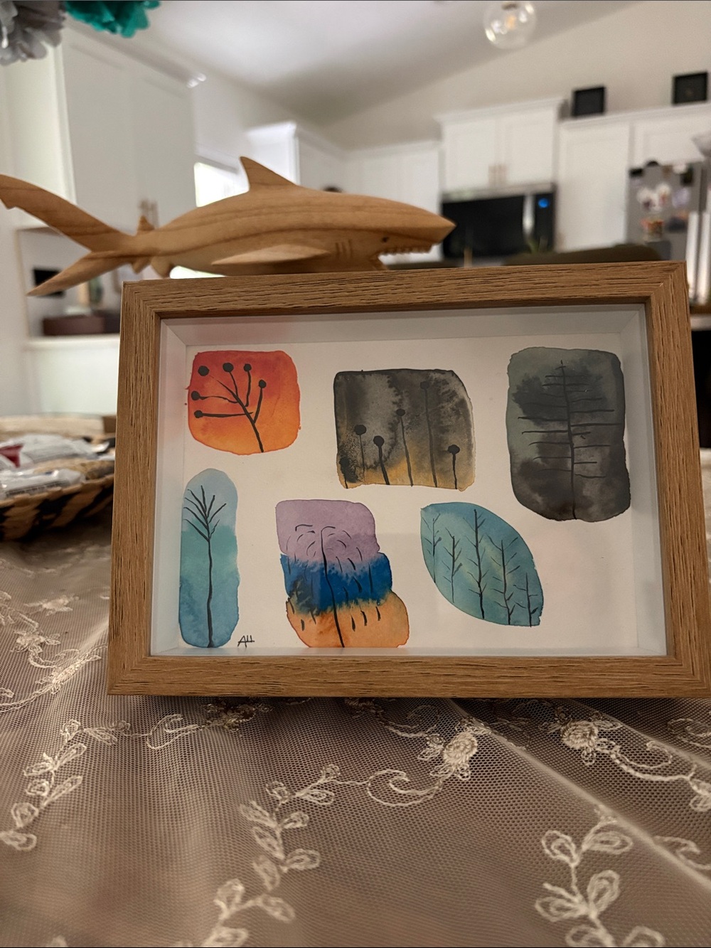 Framed Abstract Watercolor Leaf & Shape Art - Blue, Teal, Orange, Purple, Gray